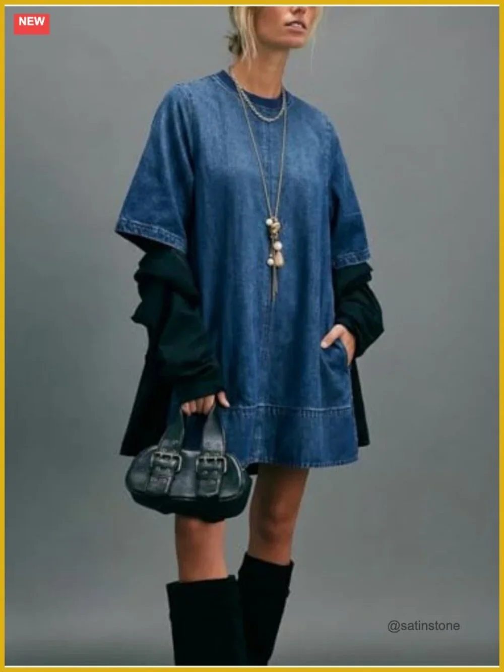 Short Sleeve Denim Dress Crew Neck Loose Fit Jean Mini Dress with Pockets - Picture 4 of 4